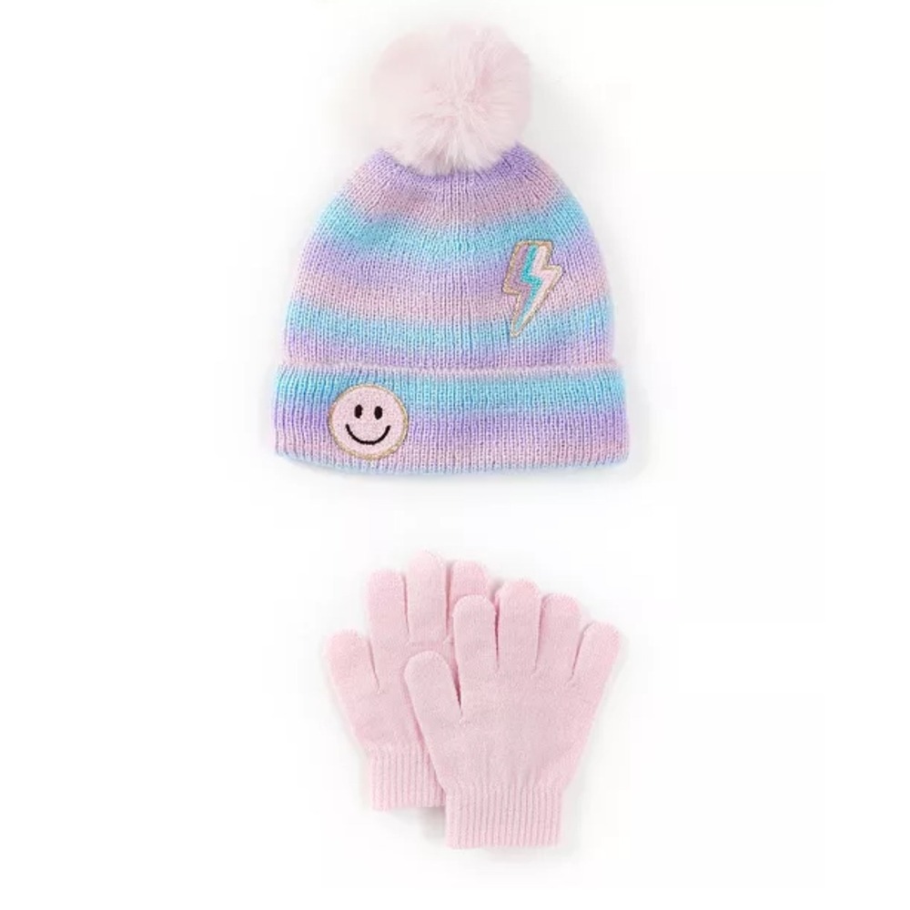 Rainbow Sugar Big Girls Hat‎ with Patches and Gloves, 2 Piece Set - Multi